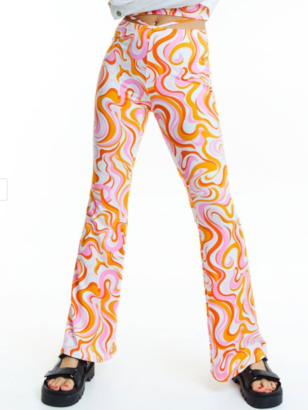 H&M Divided Disco Pants Orange Pink & White Psychadelic Groovy Flared Leggings M
